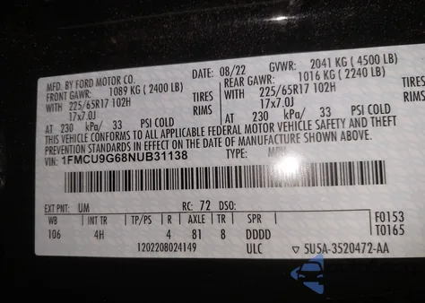 2022 Ford Escape Se z USA, uszkodzony, nr VIN 1FMCU9G68NUB31138